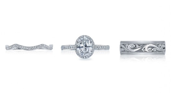 Three silver TACORI bridal jewelry rings in a line
