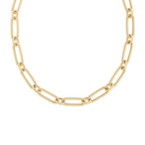 A chunky gold chain necklace.
